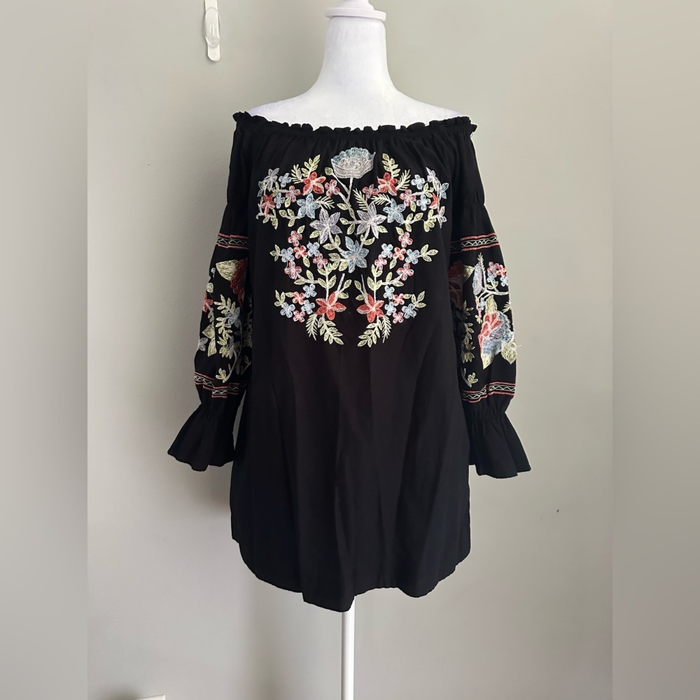 Free People Fleur Du Jour Black Floral Embroidered Off Shoulder Dress Black S - Picture 5 of 15